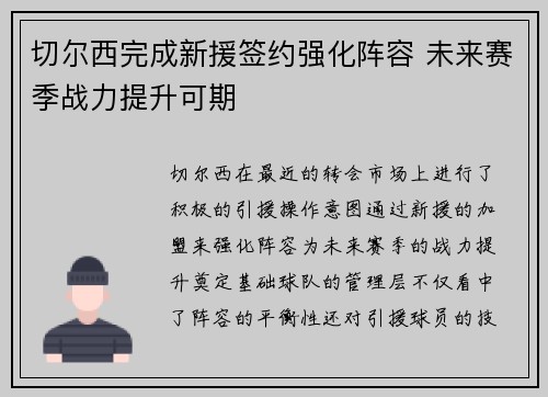 切尔西完成新援签约强化阵容 未来赛季战力提升可期 切尔西完成新援签约强化阵容 未来赛季战力提升可期